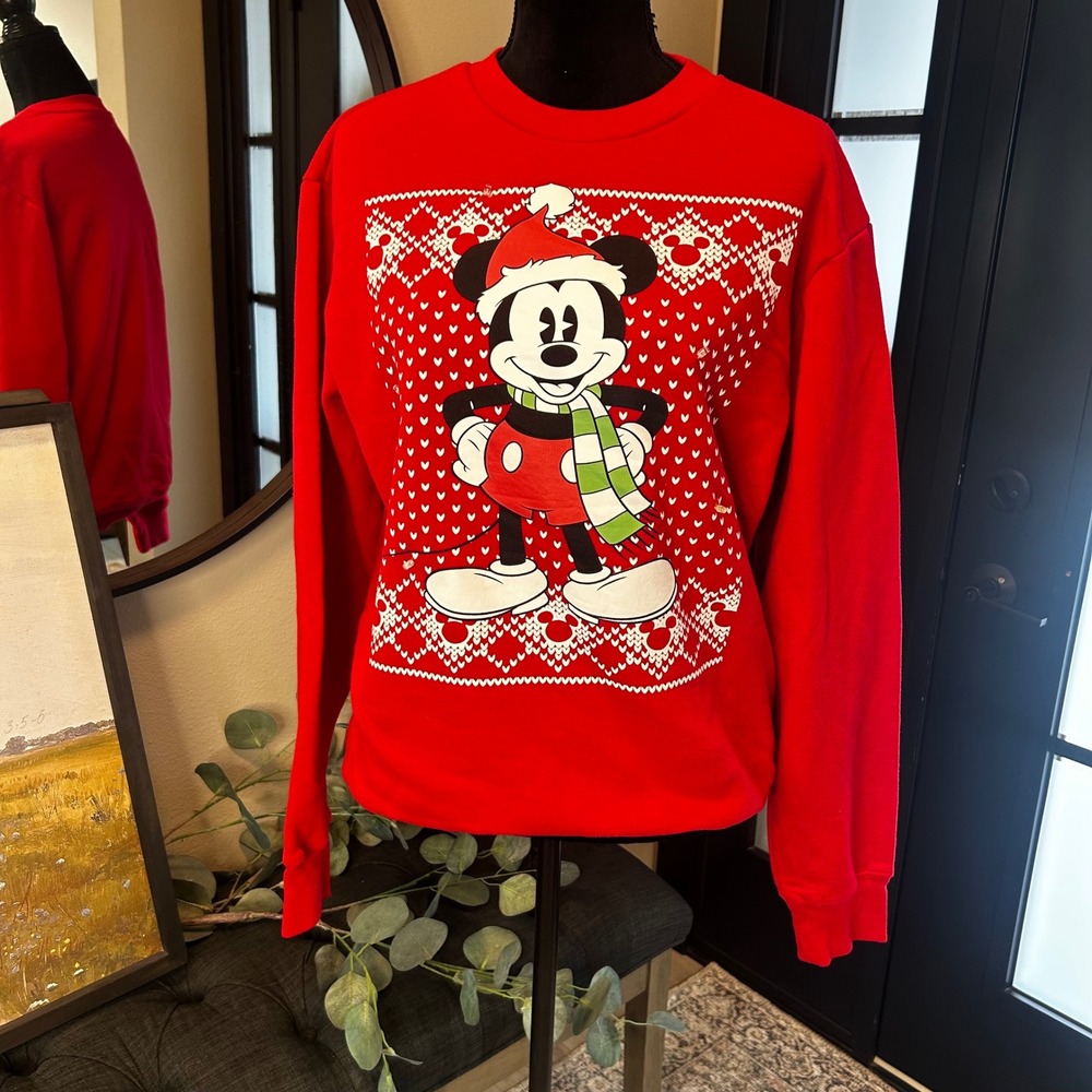 Disney Mickey Mouse Holiday Sweatshirt Red Fair Isle Santa Hat Small